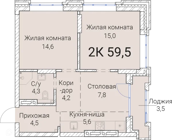 Планировка 2 комн. в ЖК Тайм Сквер