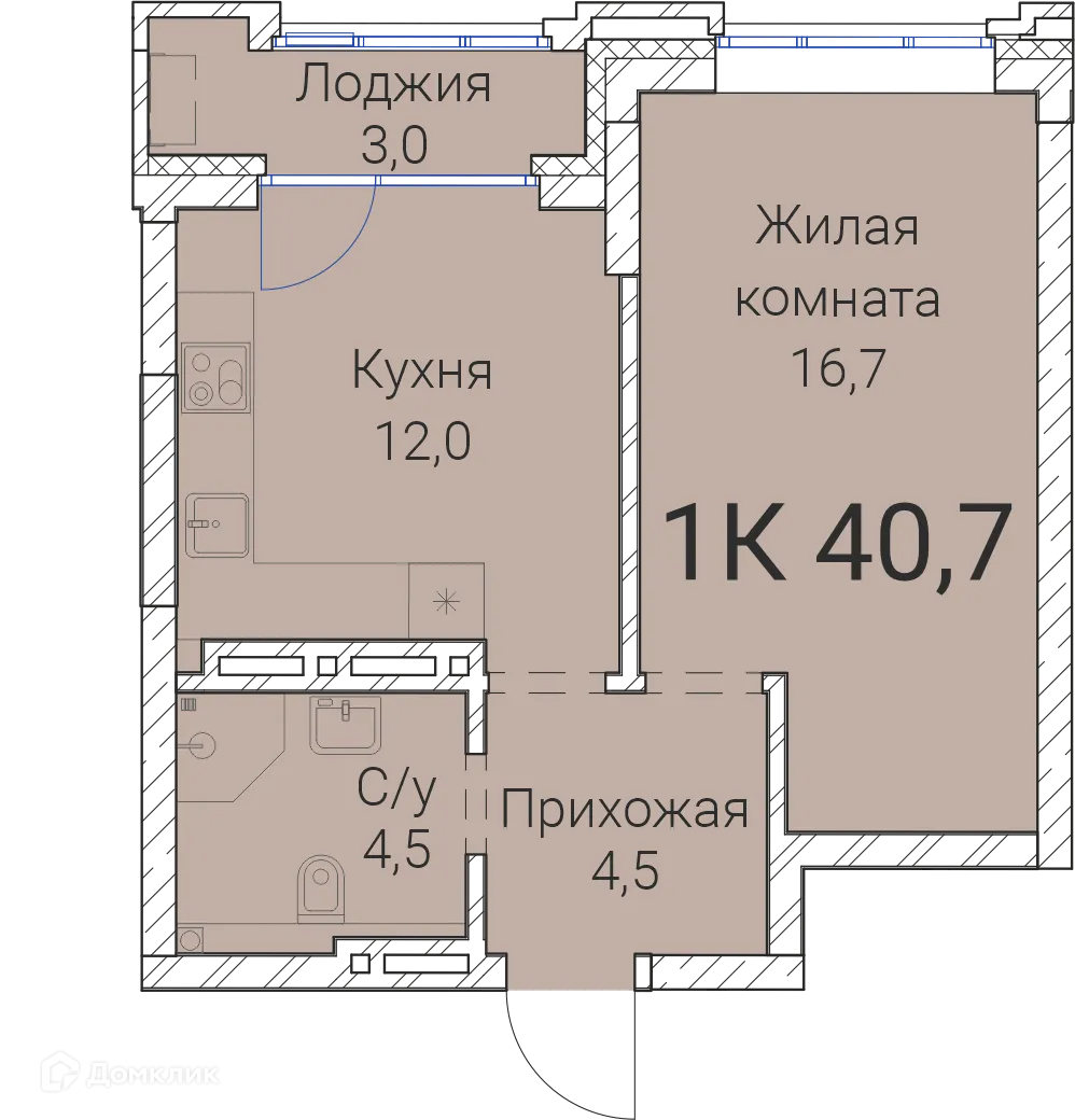 Планировка 1-комнатной квартиры 40.7 м² в ЖК Тайм Сквер, г. Новосибирск — фото 1