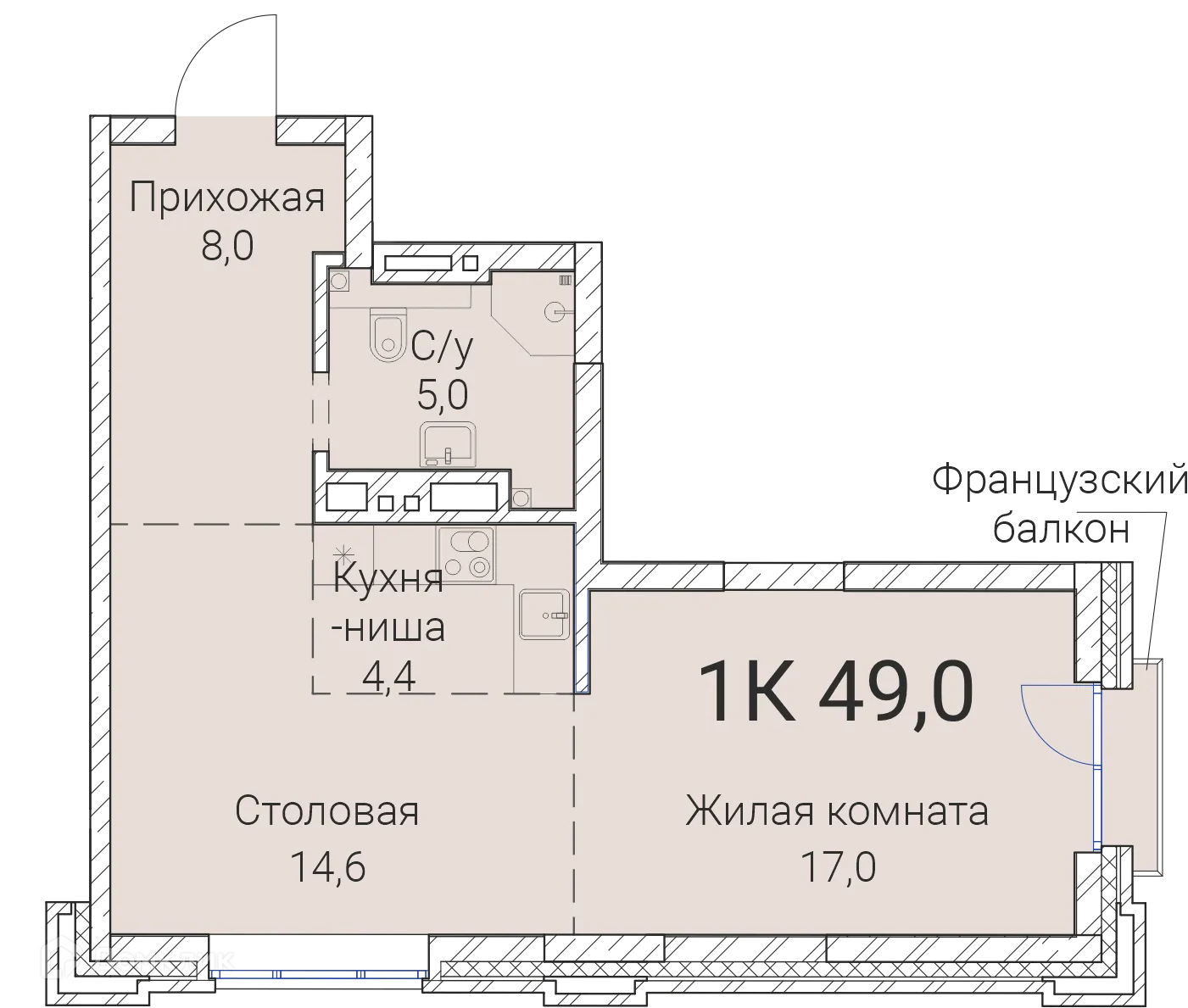 Планировка 1-комнатной квартиры 49 м² в ЖК Тайм Сквер, г. Новосибирск — фото 1