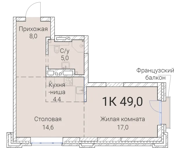Планировка 1 комн. в ЖК Тайм Сквер