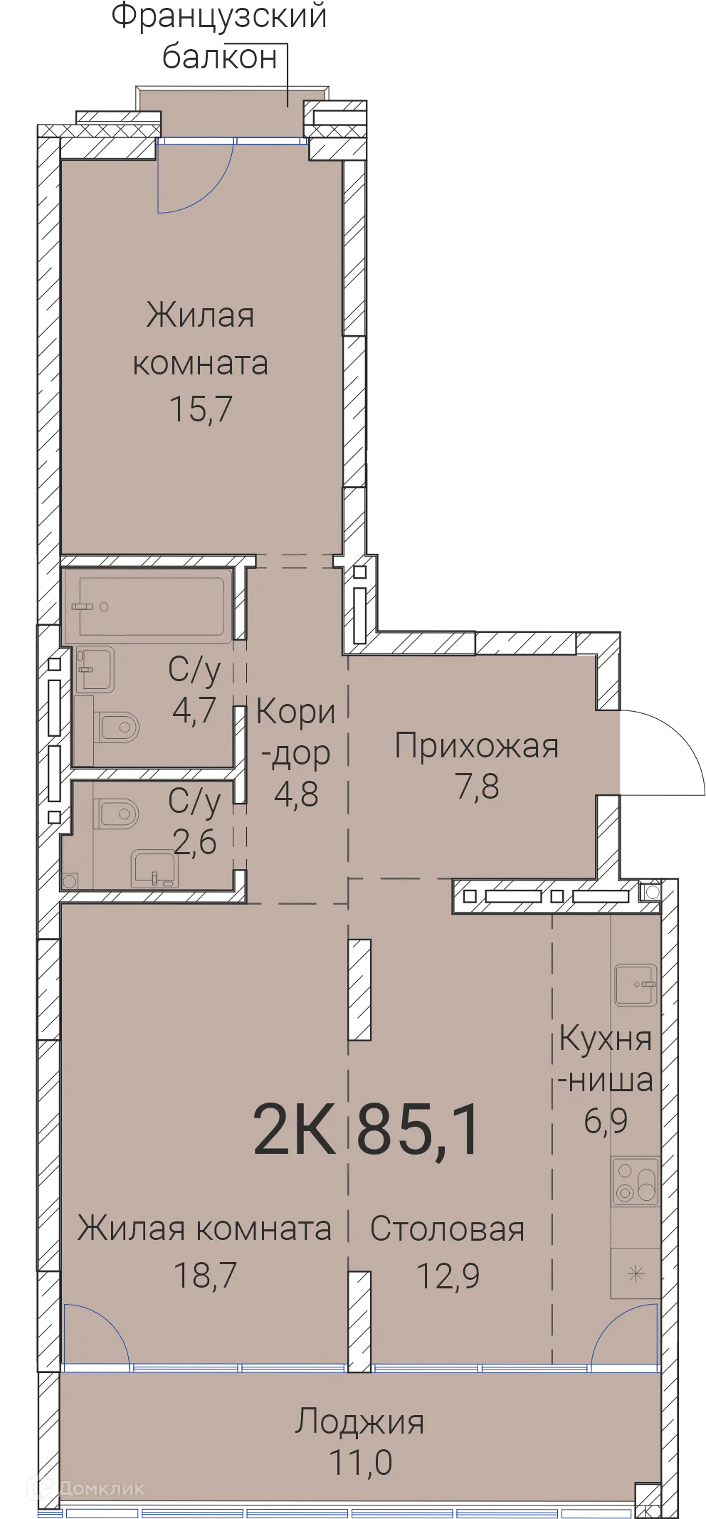 Планировка 2-комнатной квартиры 85.1 м² в ЖК Тайм Сквер, г. Новосибирск — фото 1
