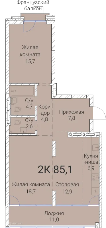 Планировка 2 комн. в ЖК Тайм Сквер