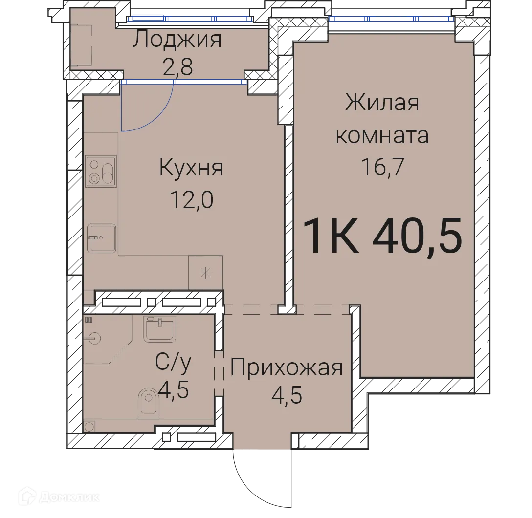 Планировка 1-комнатной квартиры 40.5 м² в ЖК Тайм Сквер, г. Новосибирск — фото 1