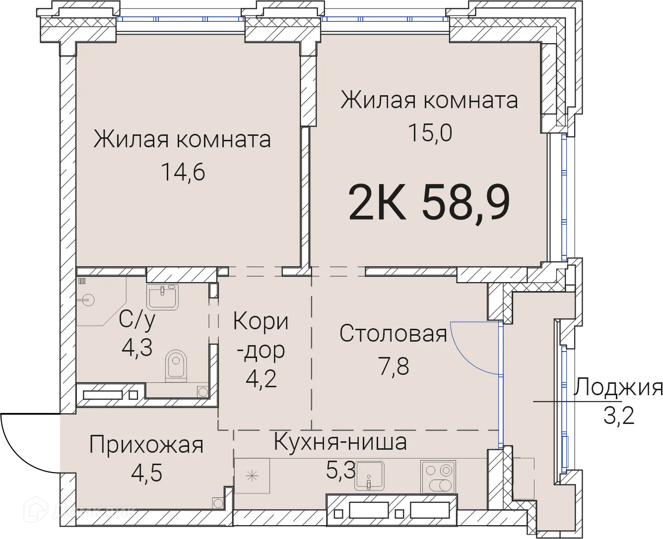 Планировка 2-комнатной квартиры 58.9 м² в ЖК Тайм Сквер, г. Новосибирск — фото 1