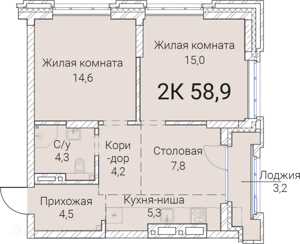 Планировка 2 комн. в ЖК Тайм Сквер