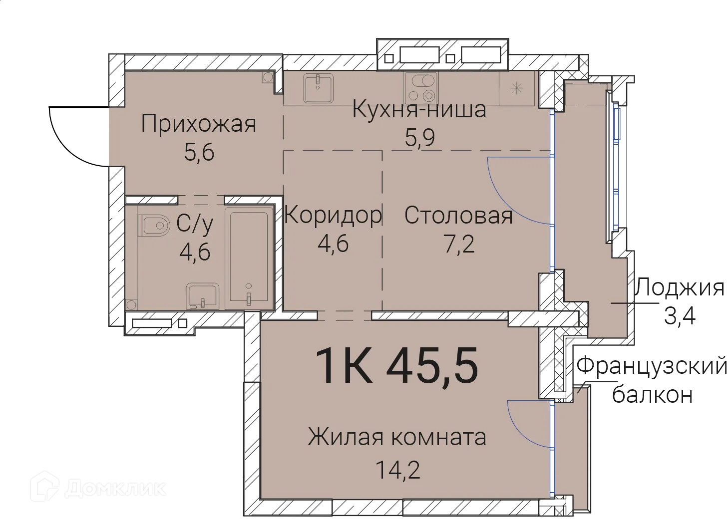 Планировка 1-комнатной квартиры 45.5 м² в ЖК Тайм Сквер, г. Новосибирск — фото 1