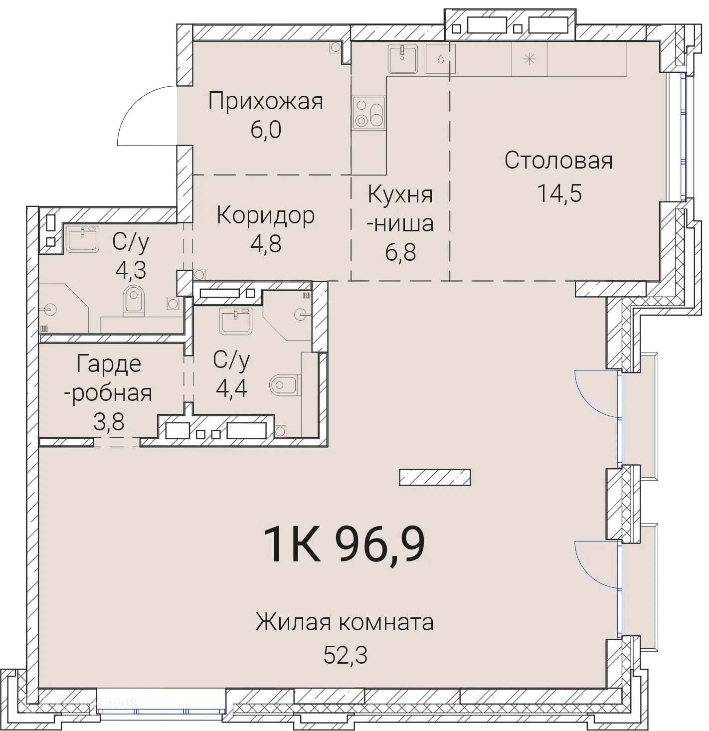 Планировка 1-комнатной квартиры 96.9 м² в ЖК Тайм Сквер, г. Новосибирск — фото 1