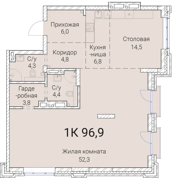 Планировка 1 комн. в ЖК Тайм Сквер
