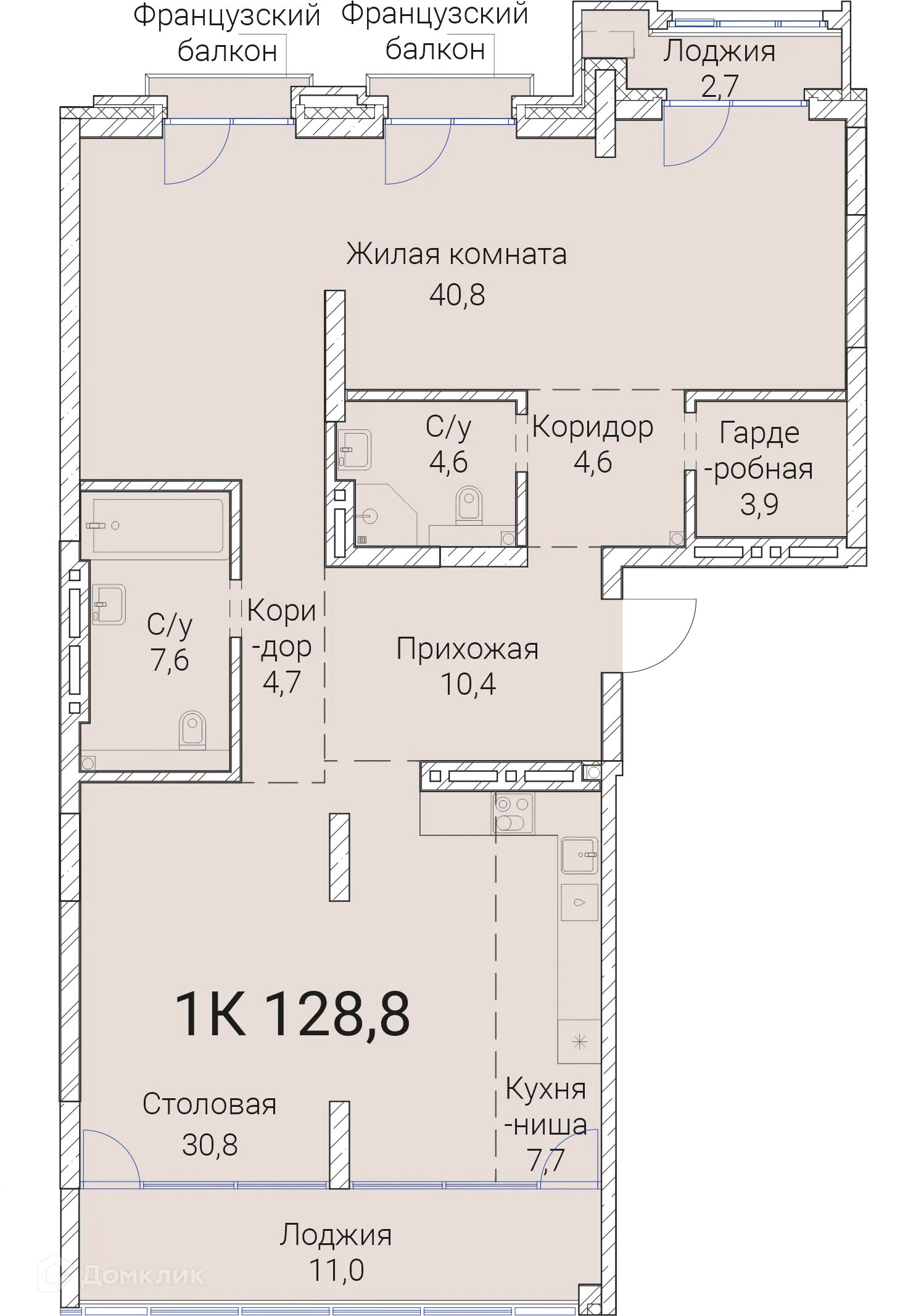 Планировка 1-комнатной квартиры 128.8 м² в ЖК Тайм Сквер, г. Новосибирск — фото 1