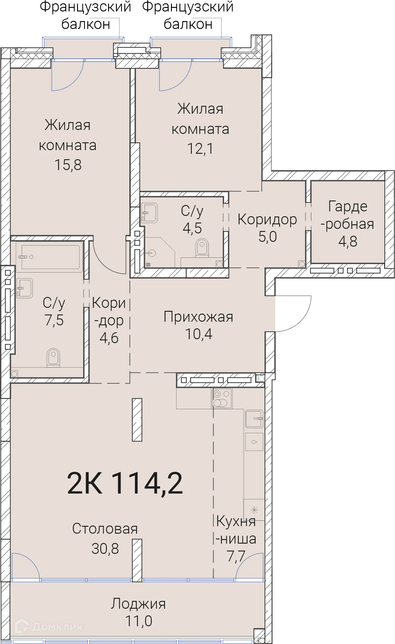 Планировка 2-комнатной квартиры 114.2 м² в ЖК Тайм Сквер, г. Новосибирск — фото 1