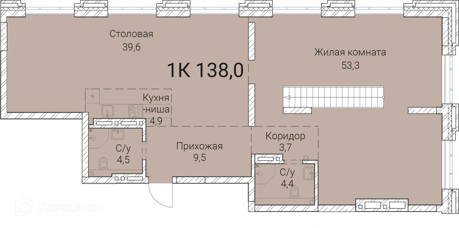 Планировка 1-комнатной квартиры 138 м² в ЖК Тайм Сквер, г. Новосибирск — фото 1