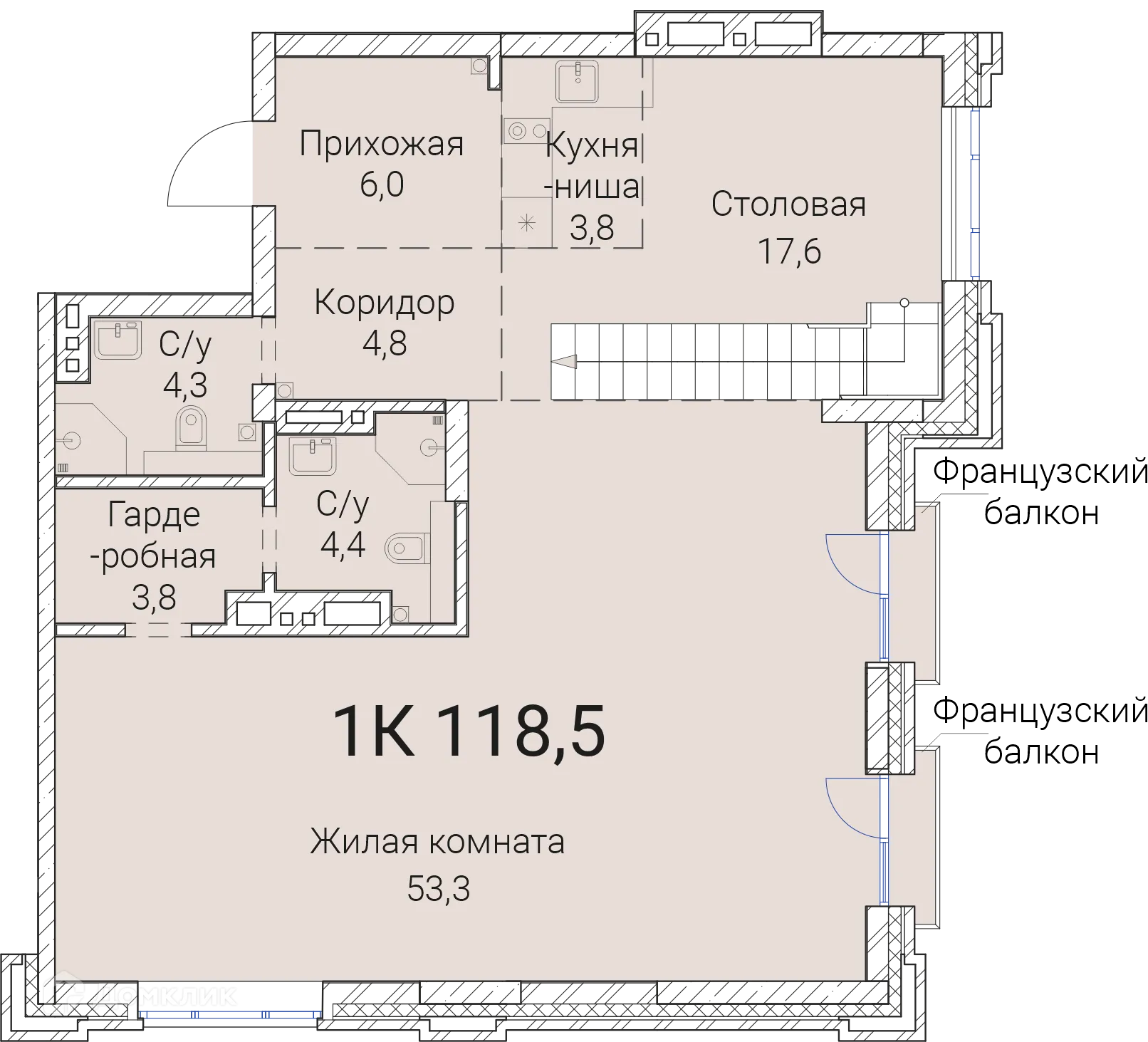 Планировка 1-комнатной квартиры 118.5 м² в ЖК Тайм Сквер, г. Новосибирск — фото 1