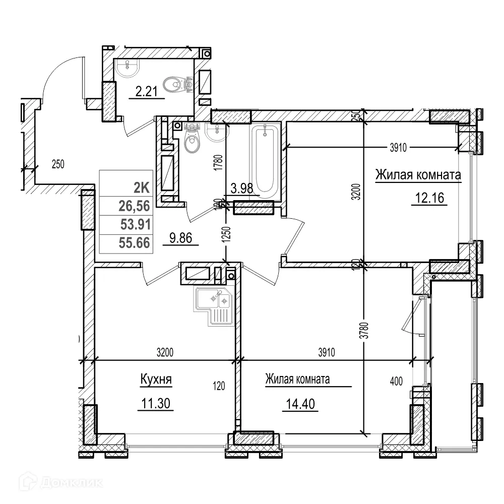 Планировка 2-комнатной квартиры 53.9 м² в ЖК Чернышевский, г. Новосибирск — фото 1