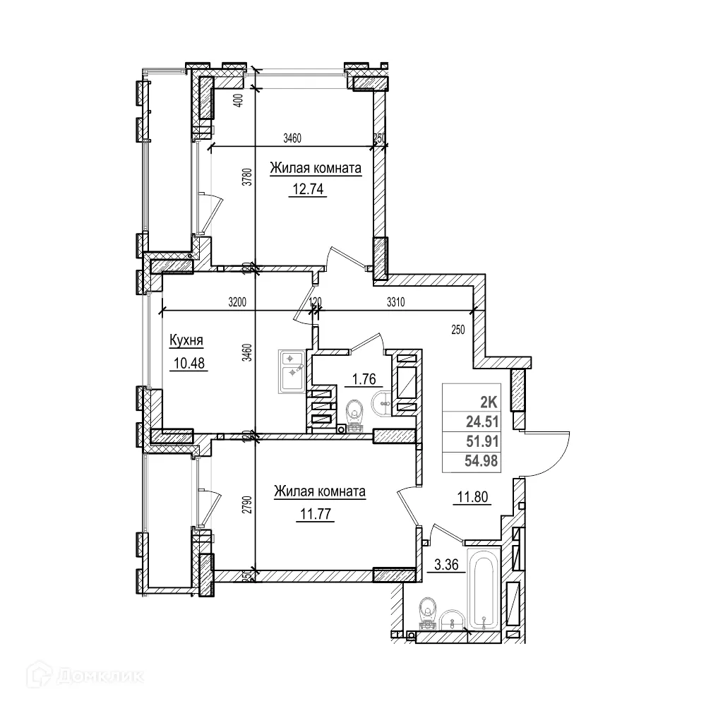 Планировка 3-комнатной квартиры 51.9 м² в ЖК Чернышевский, г. Новосибирск — фото 1