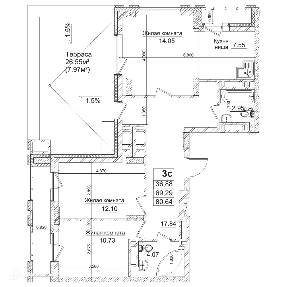 Планировка 2-комнатной квартиры 69.2 м² в ЖК Чернышевский, г. Новосибирск — фото 1