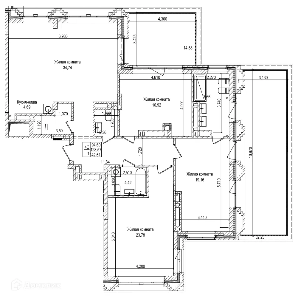 Планировка 3-комнатной квартиры 128.5 м² в ЖК Чернышевский, г. Новосибирск — фото 1
