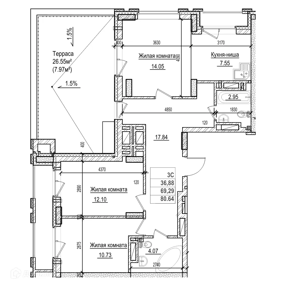Планировка 2-комнатной квартиры 69.2 м² в ЖК Чернышевский, г. Новосибирск — фото 1