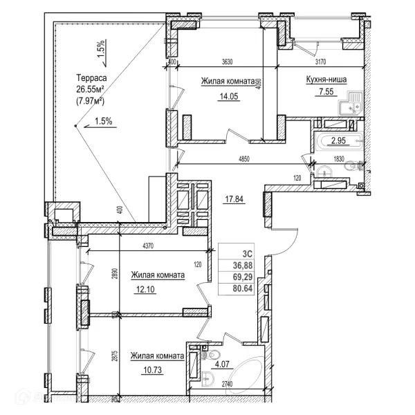 Планировка 2 комн. в ЖК Чернышевский