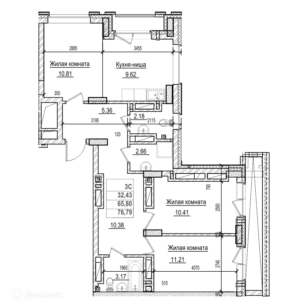 Планировка 2-комнатной квартиры 65.8 м² в ЖК Чернышевский, г. Новосибирск — фото 1