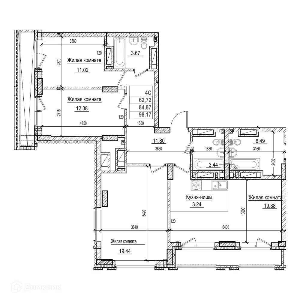 Планировка 3-комнатной квартиры 84.8 м² в ЖК Чернышевский, г. Новосибирск — фото 1