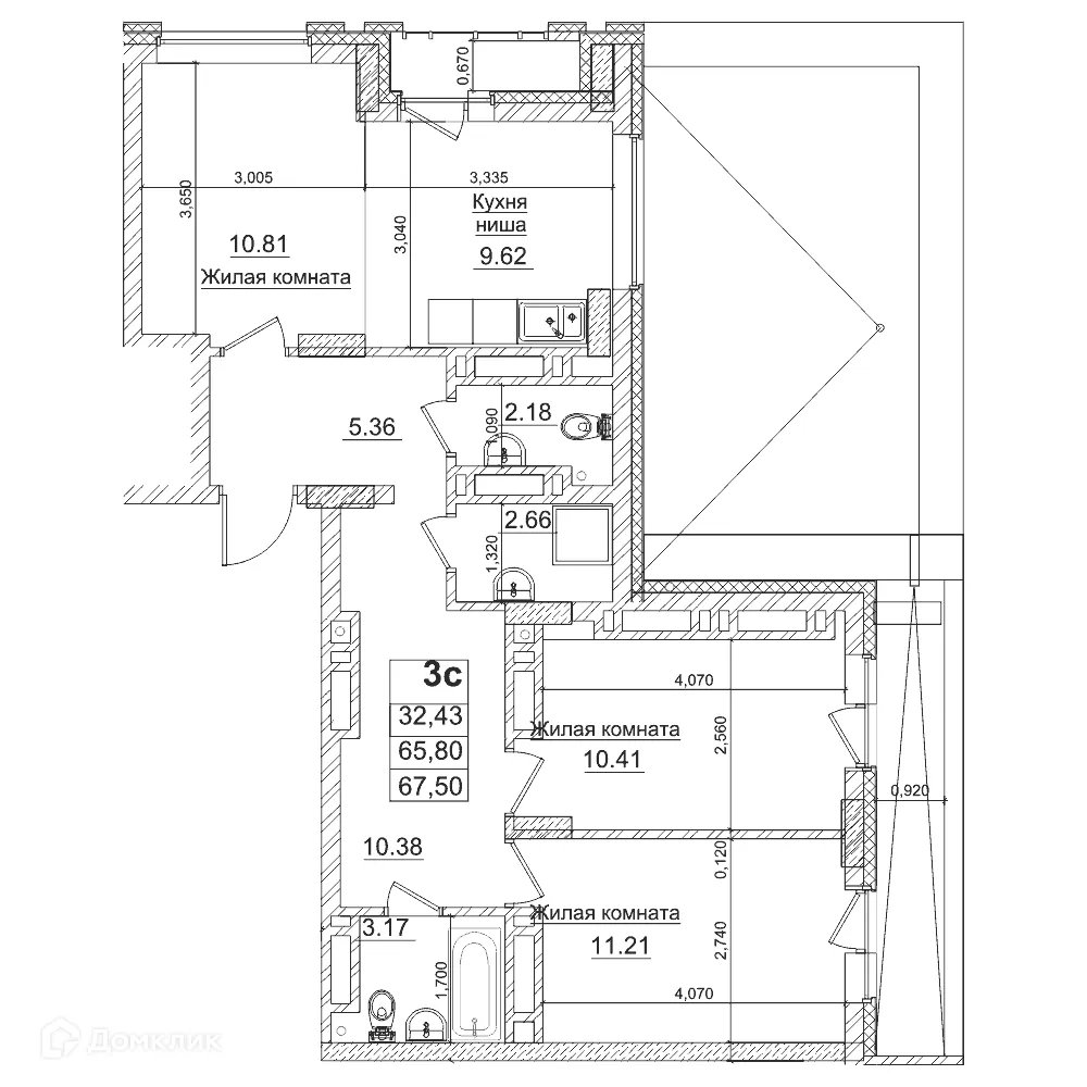 Планировка 2-комнатной квартиры 65.8 м² в ЖК Чернышевский, г. Новосибирск — фото 1