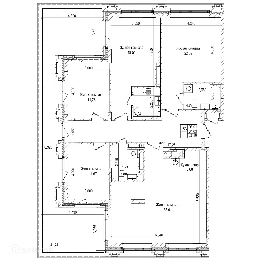 Планировка 4-комнатной квартиры 134.6 м² в ЖК Чернышевский, г. Новосибирск — фото 1