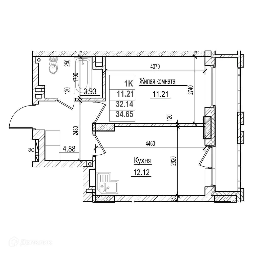 Планировка 1-комнатной квартиры 32.1 м² в ЖК Чернышевский, г. Новосибирск — фото 1