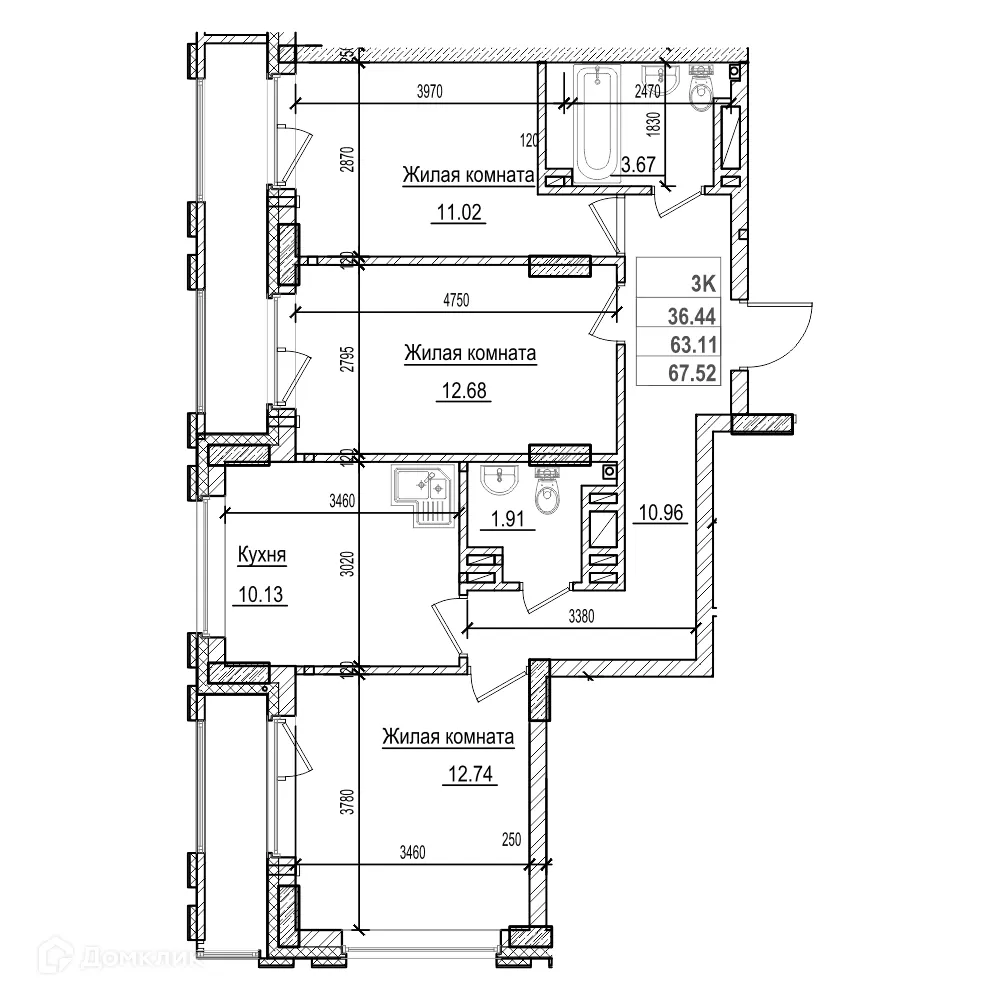 Планировка 3-комнатной квартиры 63.1 м² в ЖК Чернышевский, г. Новосибирск — фото 1