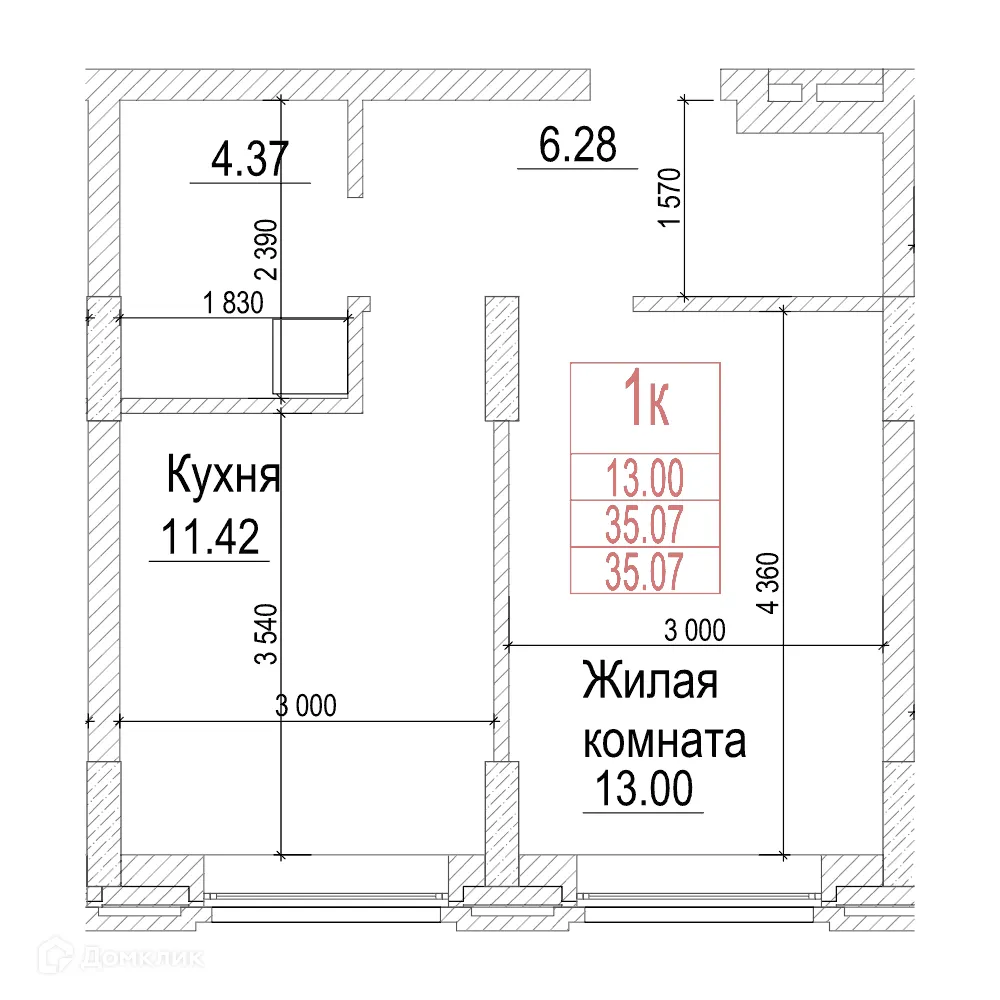 Планировка 1-комнатной квартиры 35 м² в ЖК Чернышевский, г. Новосибирск — фото 1
