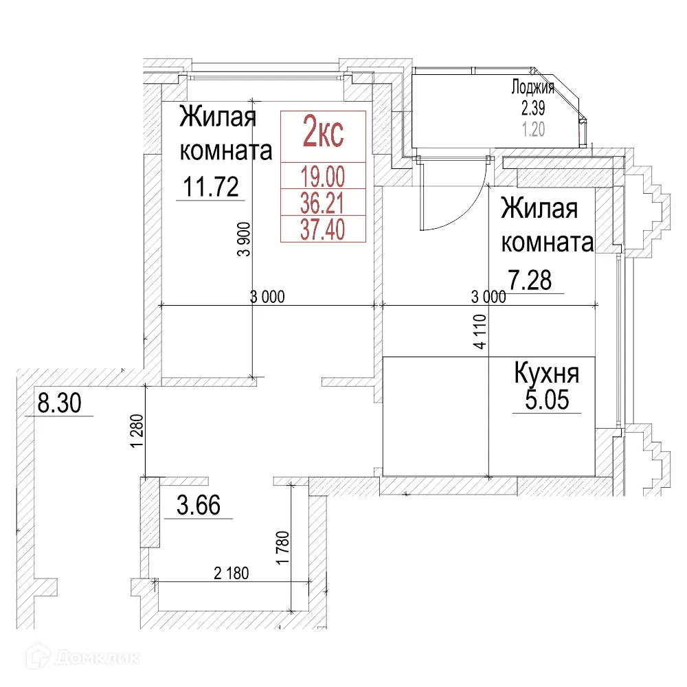 Планировка 1-комнатной квартиры 36.2 м² в ЖК Чернышевский, г. Новосибирск — фото 1