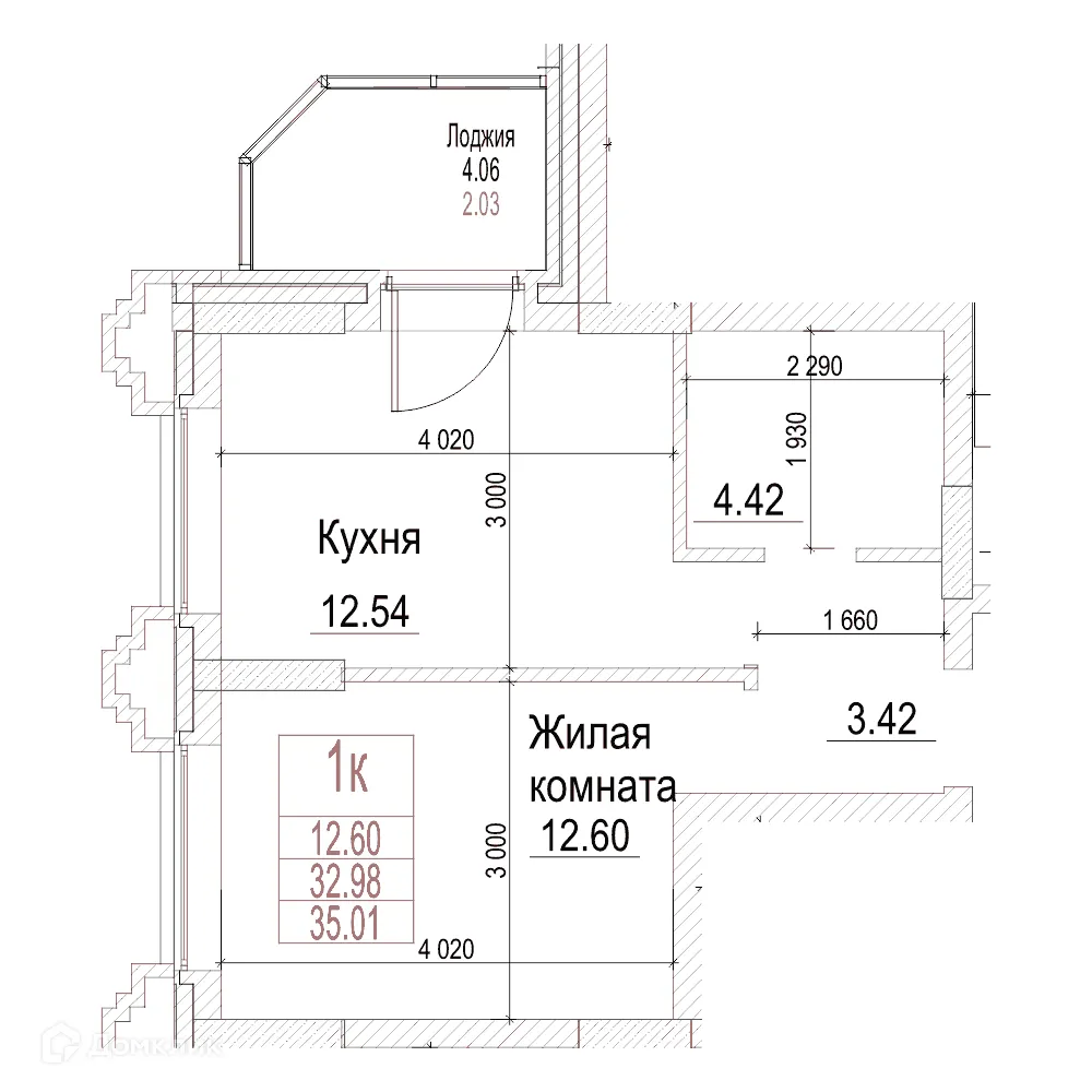 Планировка 1-комнатной квартиры 32.9 м² в ЖК Чернышевский, г. Новосибирск — фото 1