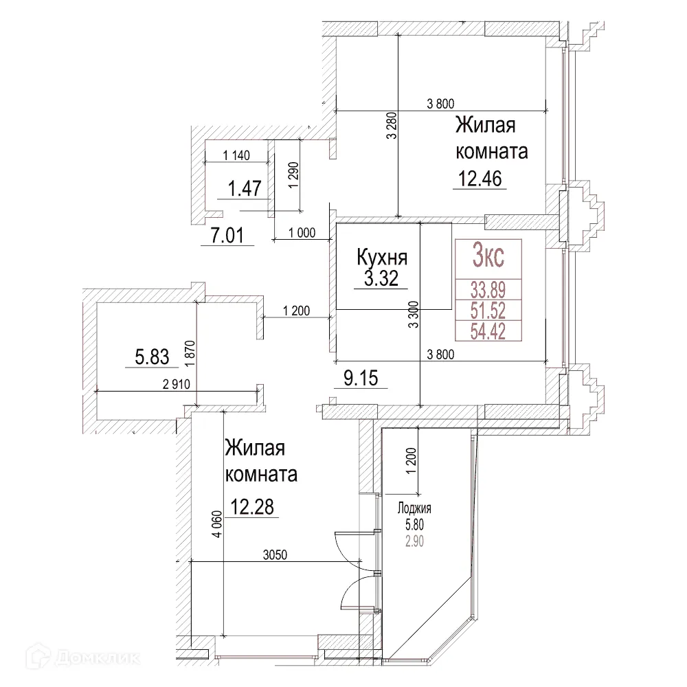Планировка 2-комнатной квартиры 51.5 м² в ЖК Чернышевский, г. Новосибирск — фото 1