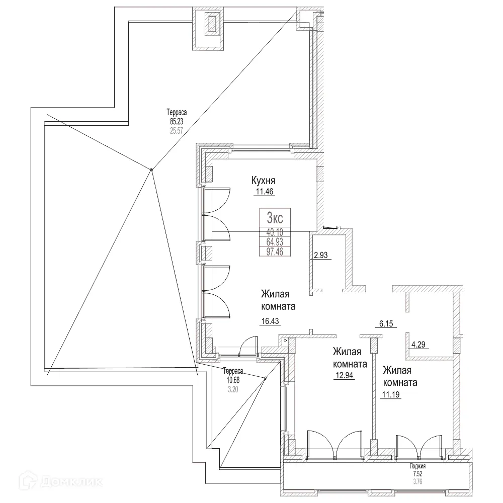 Планировка 3-комнатной квартиры 64.9 м² в ЖК Чернышевский, г. Новосибирск — фото 1