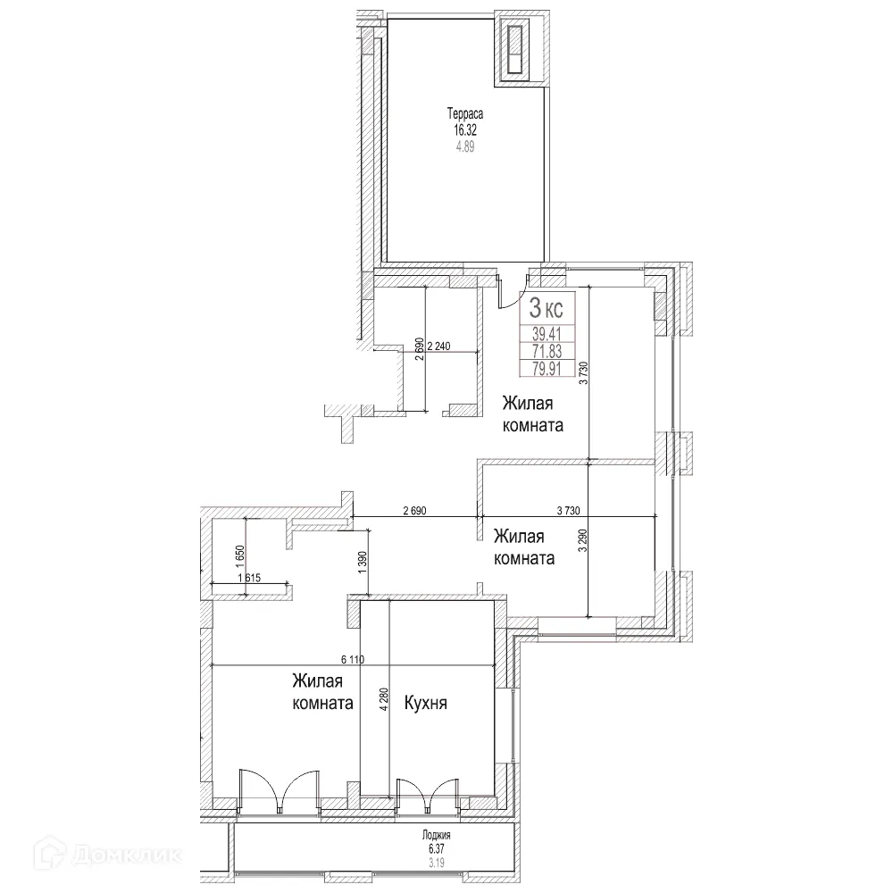 Планировка 2-комнатной квартиры 71.8 м² в ЖК Чернышевский, г. Новосибирск — фото 1