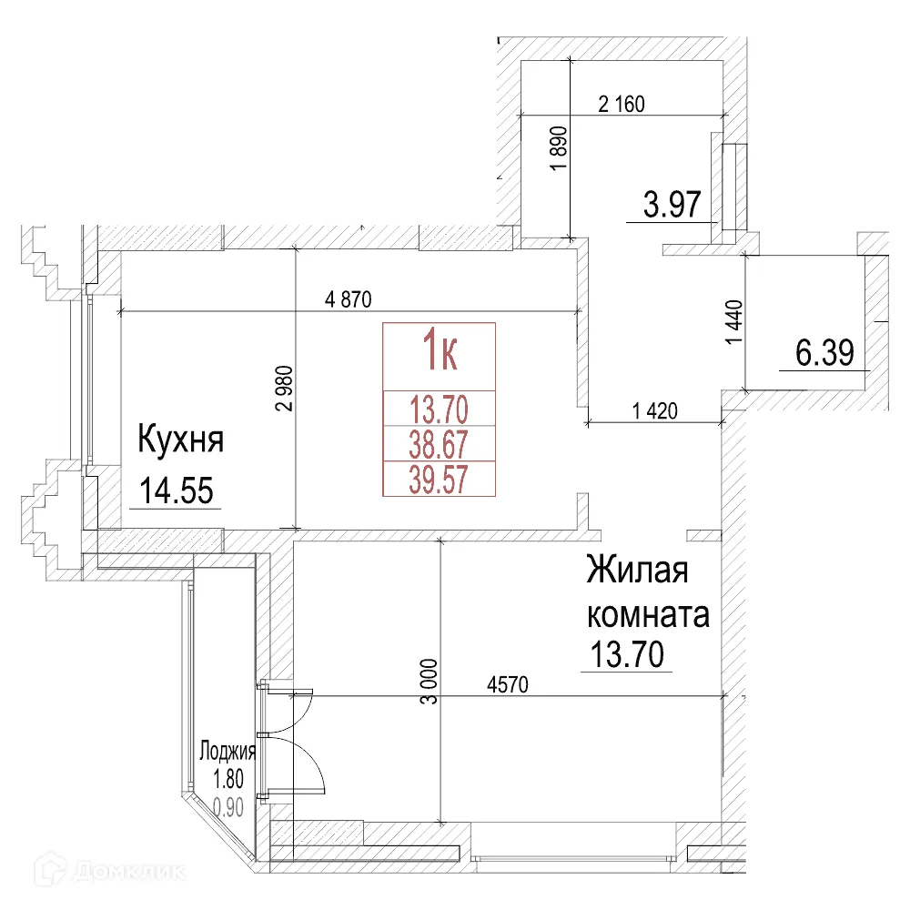 Планировка 1-комнатной квартиры 38.6 м² в ЖК Чернышевский, г. Новосибирск — фото 1