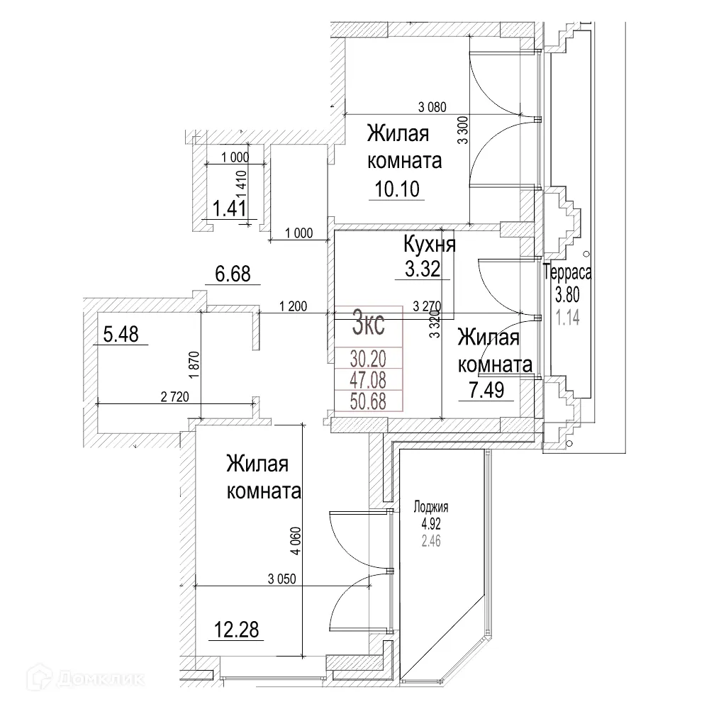 Планировка 2-комнатной квартиры 47 м² в ЖК Чернышевский, г. Новосибирск — фото 1