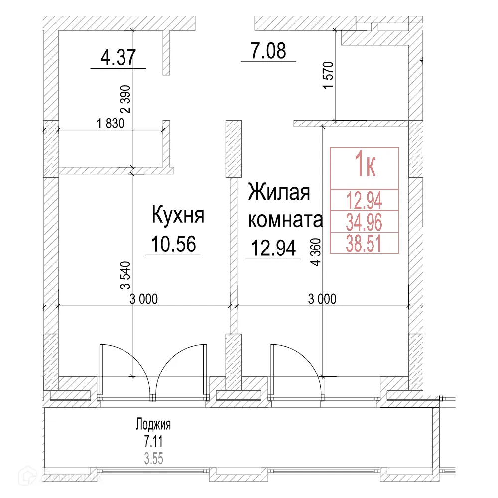 Планировка 1-комнатной квартиры 34.9 м² в ЖК Чернышевский, г. Новосибирск — фото 1