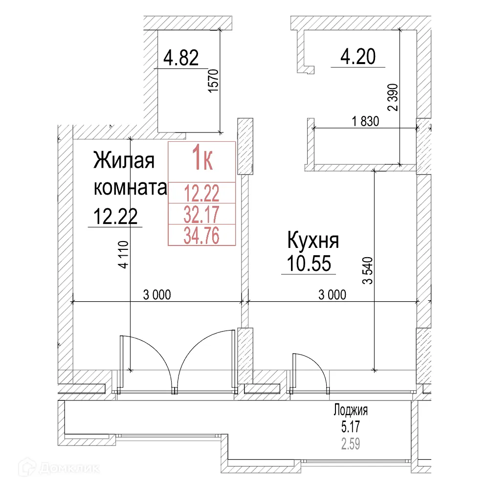Планировка 1-комнатной квартиры 32.1 м² в ЖК Чернышевский, г. Новосибирск — фото 1