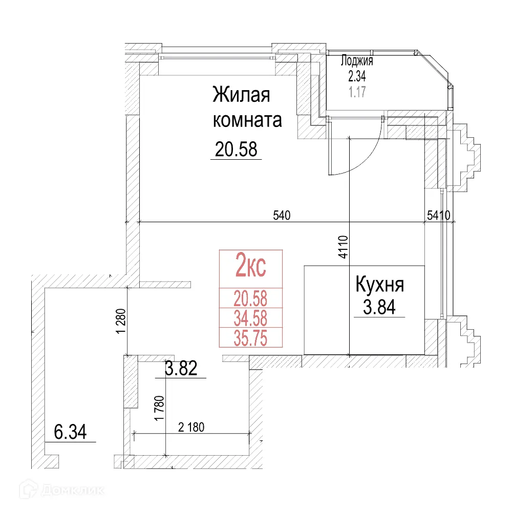 Планировка 1-комнатной квартиры 34.5 м² в ЖК Чернышевский, г. Новосибирск — фото 1
