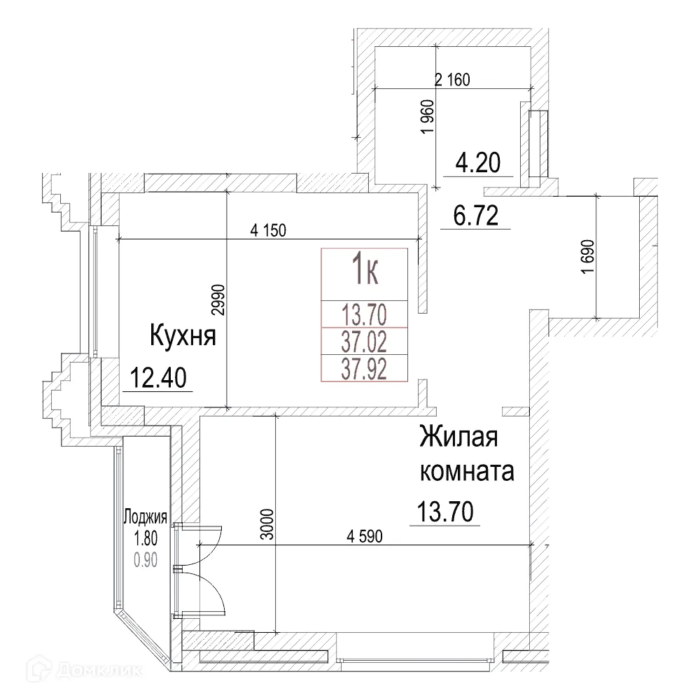 Планировка 1-комнатной квартиры 37 м² в ЖК Чернышевский, г. Новосибирск — фото 1