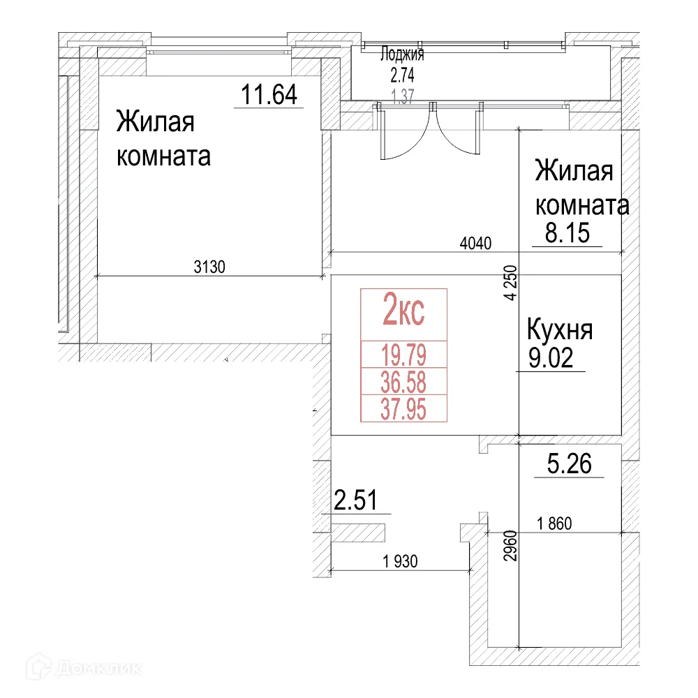 Планировка 1-комнатной квартиры 36.5 м² в ЖК Чернышевский, г. Новосибирск — фото 1