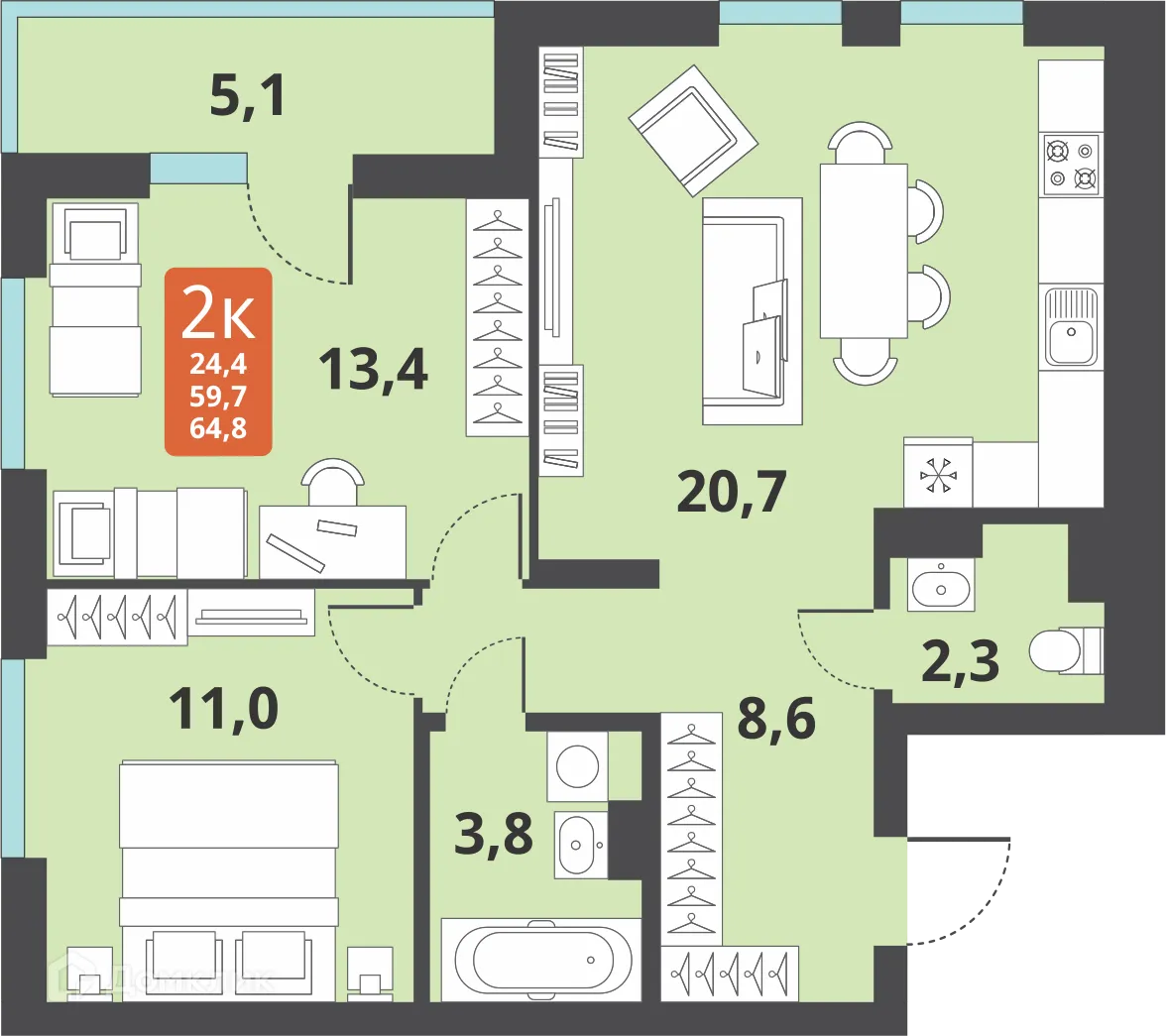 Планировка 2-комнатной квартиры 59.7 м² в ЖК Тайгинский парк, г. Новосибирск — фото 1