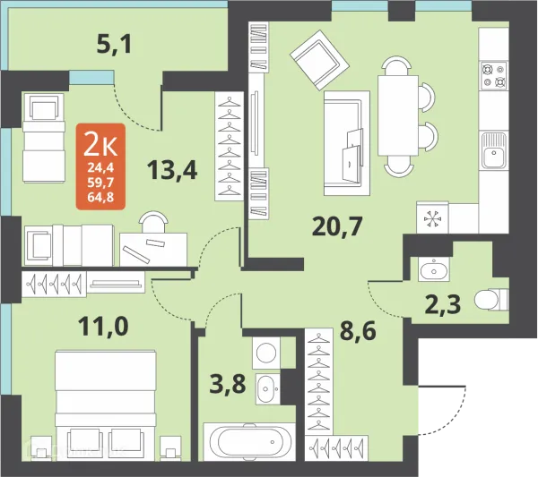 Планировка 2 комн. в ЖК Тайгинский парк