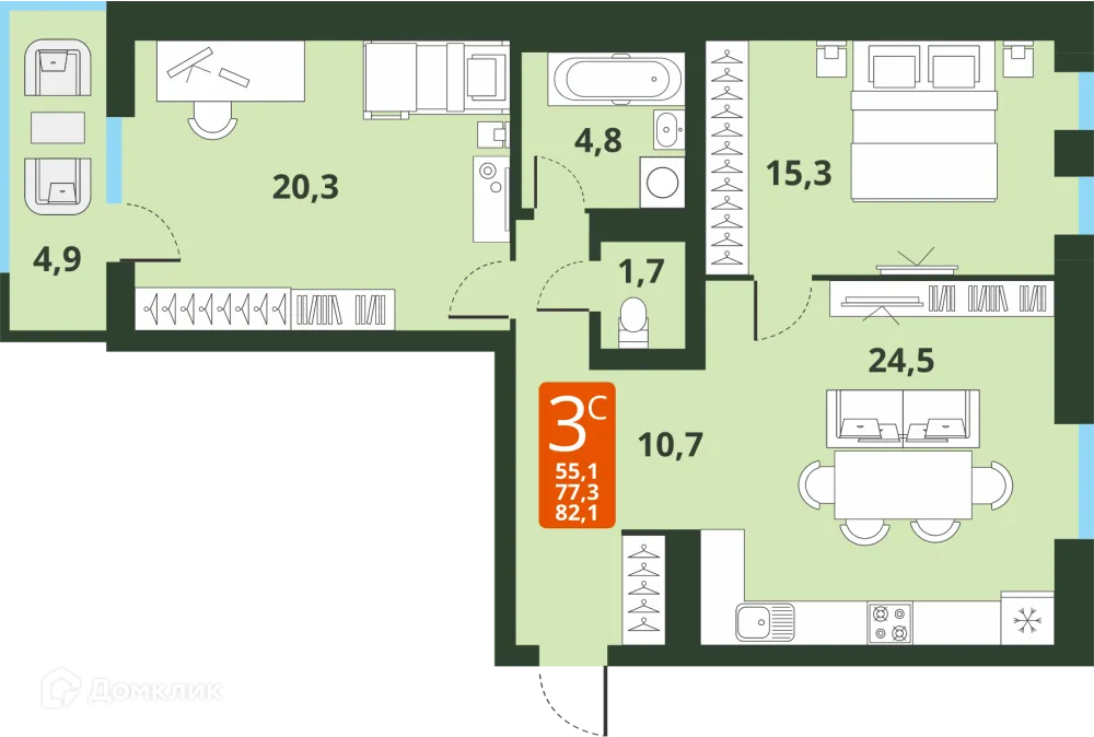 Планировка 3-комнатной квартиры 77.2 м² в ЖК Тайгинский парк, г. Новосибирск — фото 1