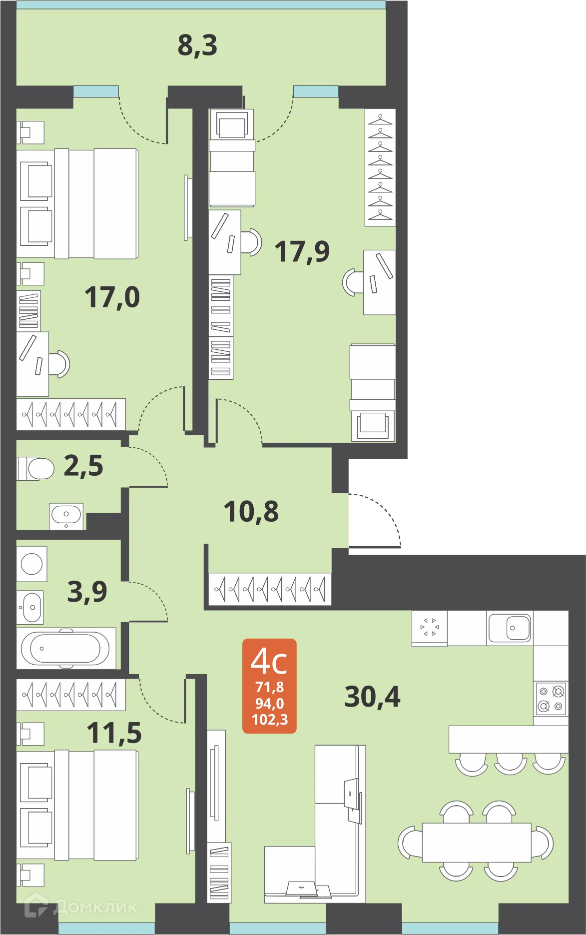 Планировка 4-комнатной квартиры 94 м² в ЖК Тайгинский парк, г. Новосибирск — фото 1