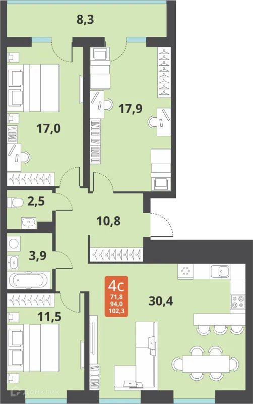 Планировка 4 комн. в ЖК Тайгинский парк