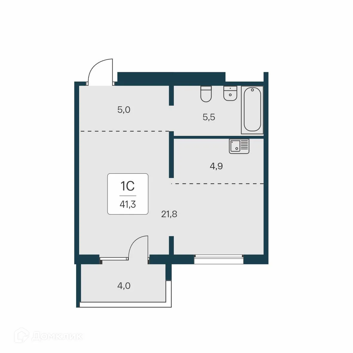 Планировка студии квартиры 41.3 м² в ЖК Квартал на Игарской, г. Новосибирск — фото 1