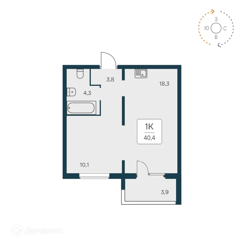 Планировка 1-комнатной квартиры 40.2 м² в ЖК Квартал на Игарской, г. Новосибирск — фото 1
