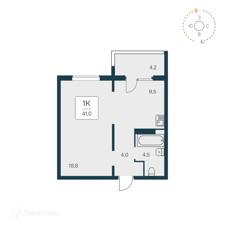 Планировка 1-комнатной квартиры 40.8 м² в ЖК Квартал на Игарской, г. Новосибирск — фото 1