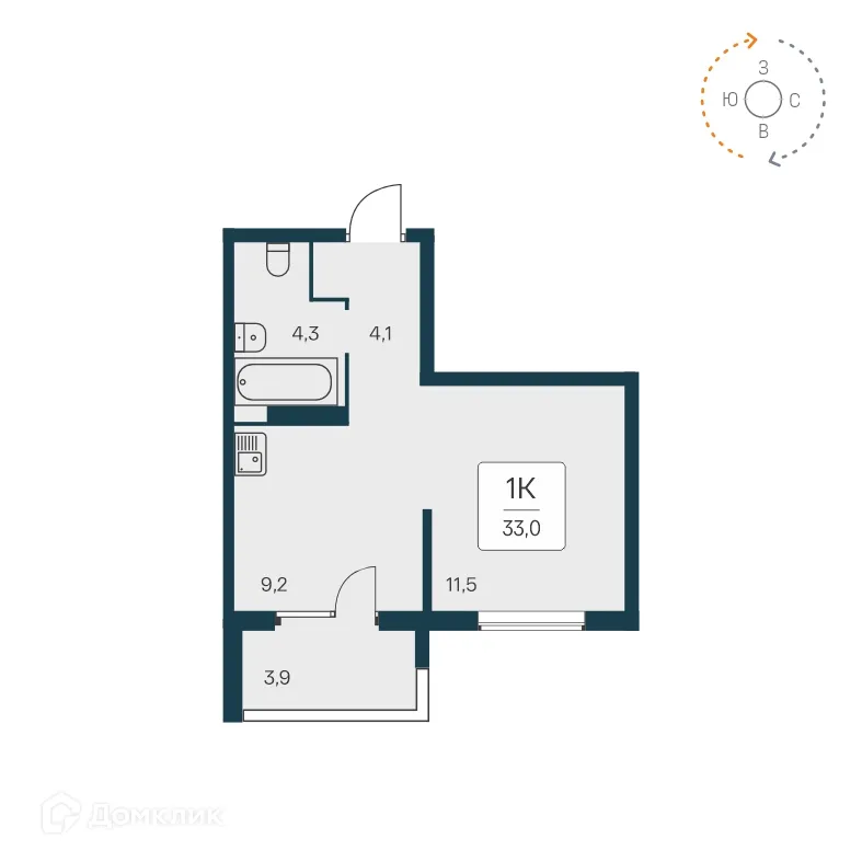 Планировка 1-комнатной квартиры 32.8 м² в ЖК Квартал на Игарской, г. Новосибирск — фото 1